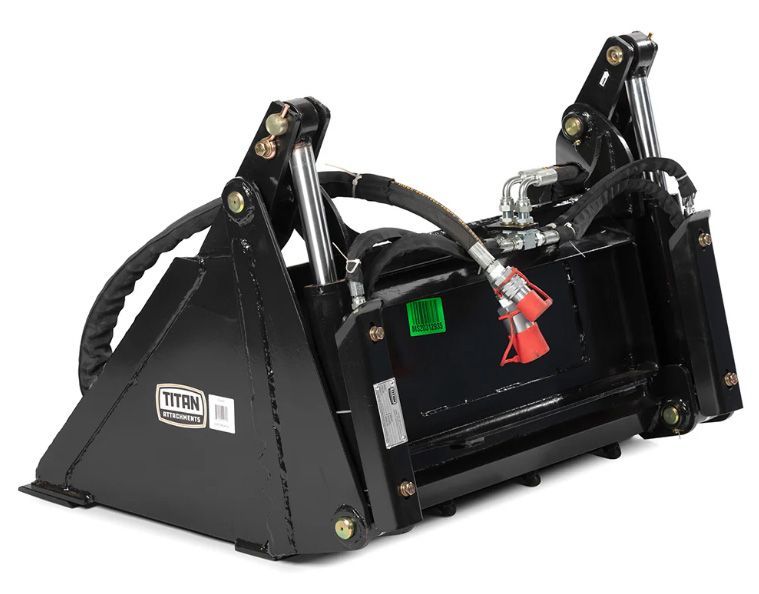 A black hydraulic skid steer grapple bucket attachment with hoses and connectors, shown from a three-quarter angle.