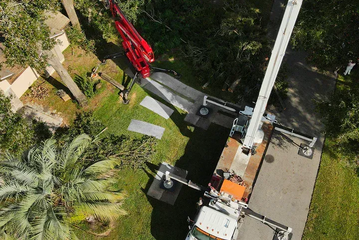 An aerial view shows a red crane and a white utility truck parked on a residential driveway, performing tree work.