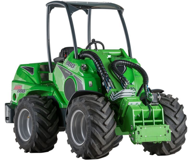 Bright green Avant 860 compact articulated loader with four large off-road tires, viewed from a front-quarter angle.