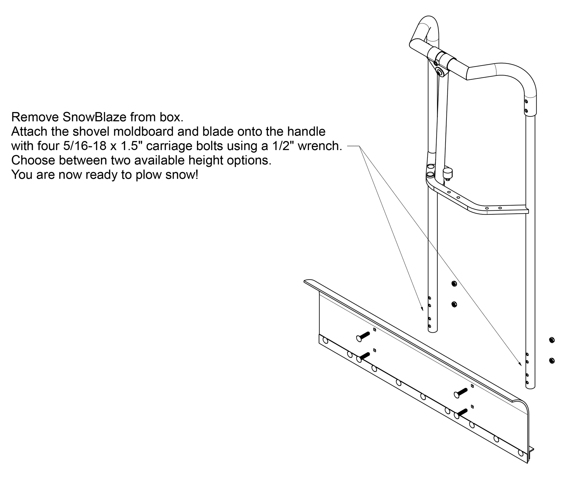 Assembly instructions for a SnowBlaze snow pusher, showing the shovel blade attaching to the handle with carriage bolts.