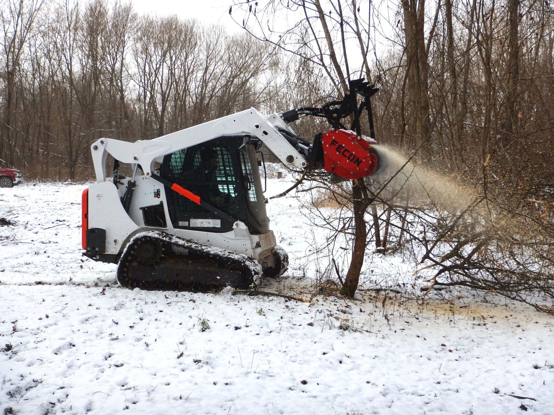 A white skid steer loader with a red Fecon forestry mower attachment clearing brush in a snowy forest.