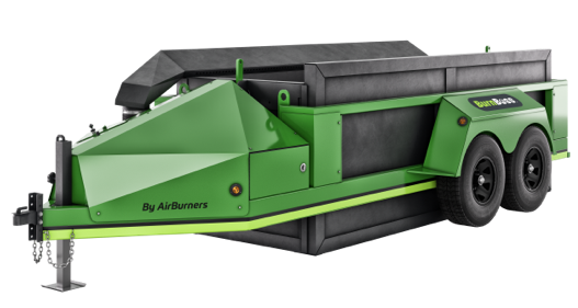 A green, dual-axle dump trailer with a black bin on a white background.