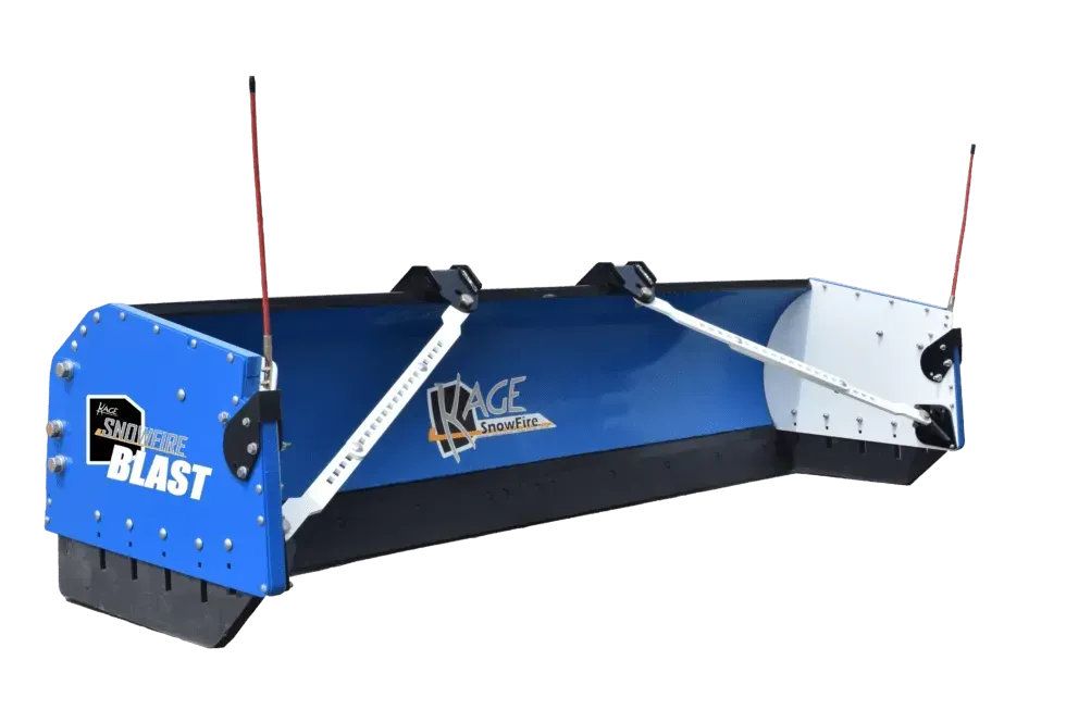A blue KAGE snow pusher attachment with two upright antennas, viewed at an angle against a white background.