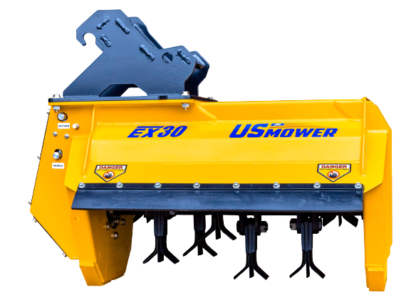 A yellow and blue excavator flail mower attachment with rotary cutting blades, isolated against a white background.