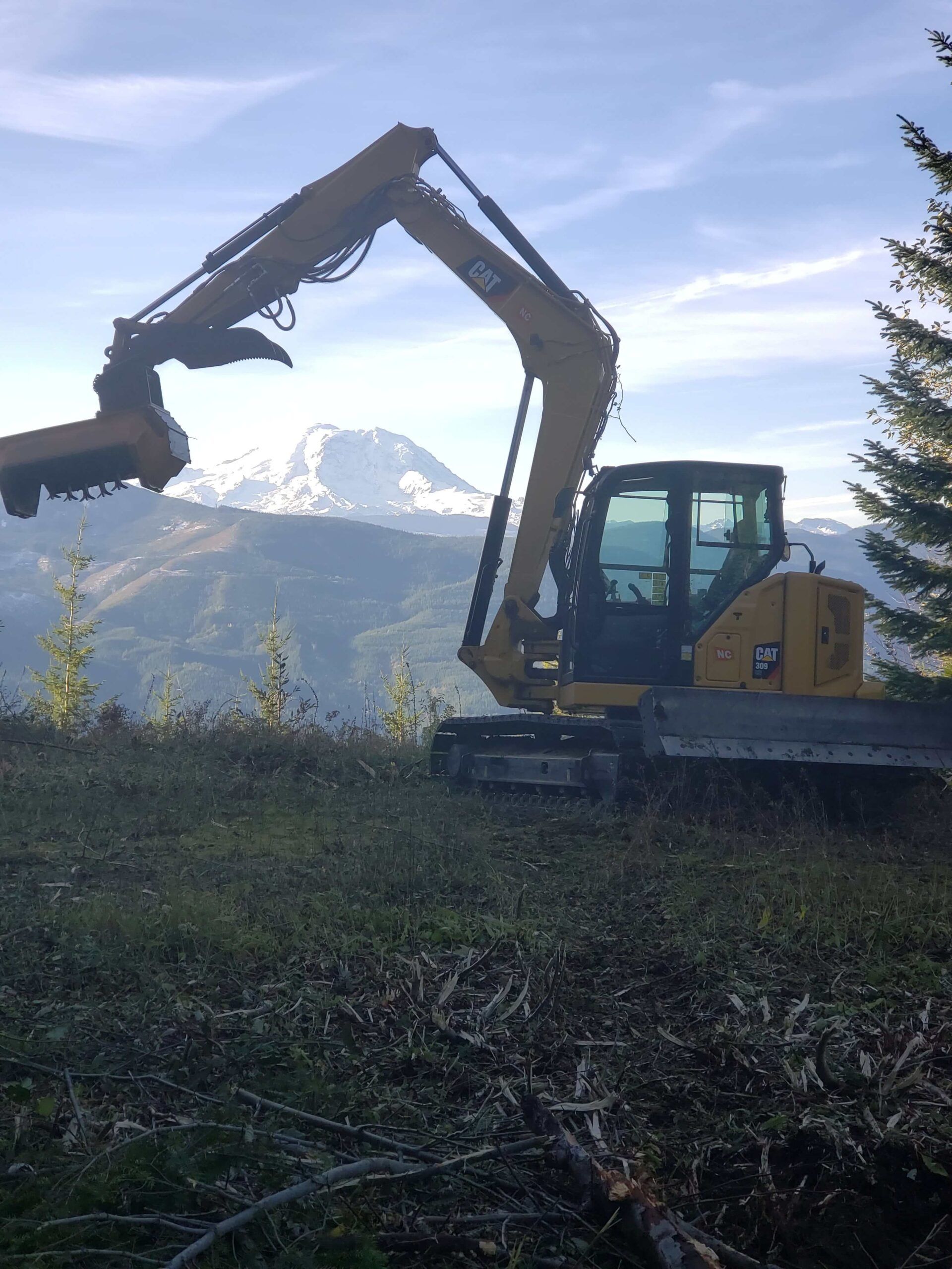 A yellow excavator with a forestry mulcher attachment parked on a hillside with a snowy mountain in the background.