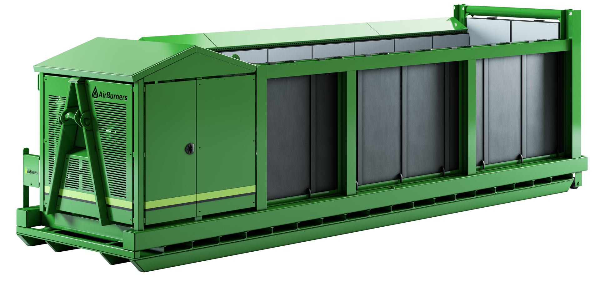 A green, industrial equipment skid with a sheltered control unit and a series of gray vertical filter panels.