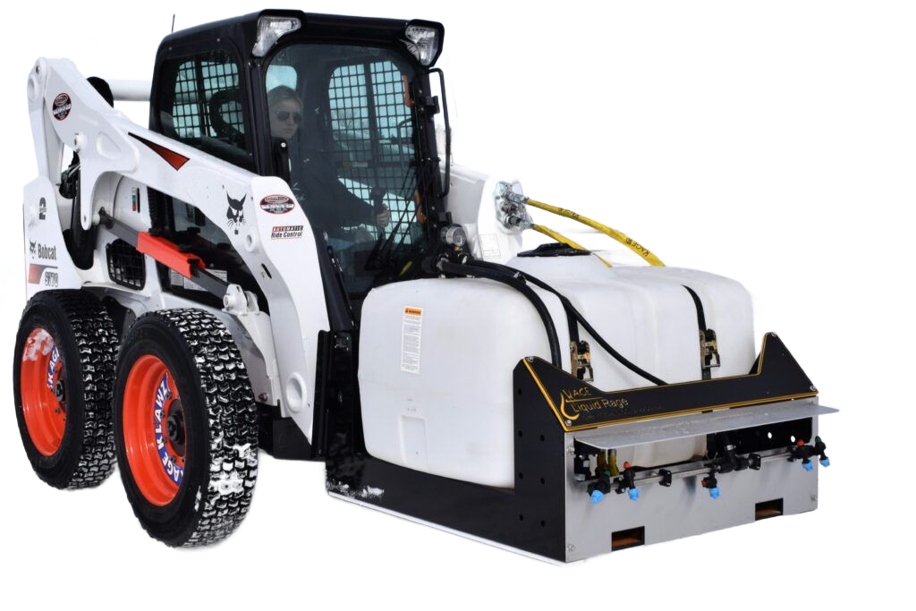 White Bobcat skid-steer loader equipped with a front-mounted liquid water tank and spray bar attachment.