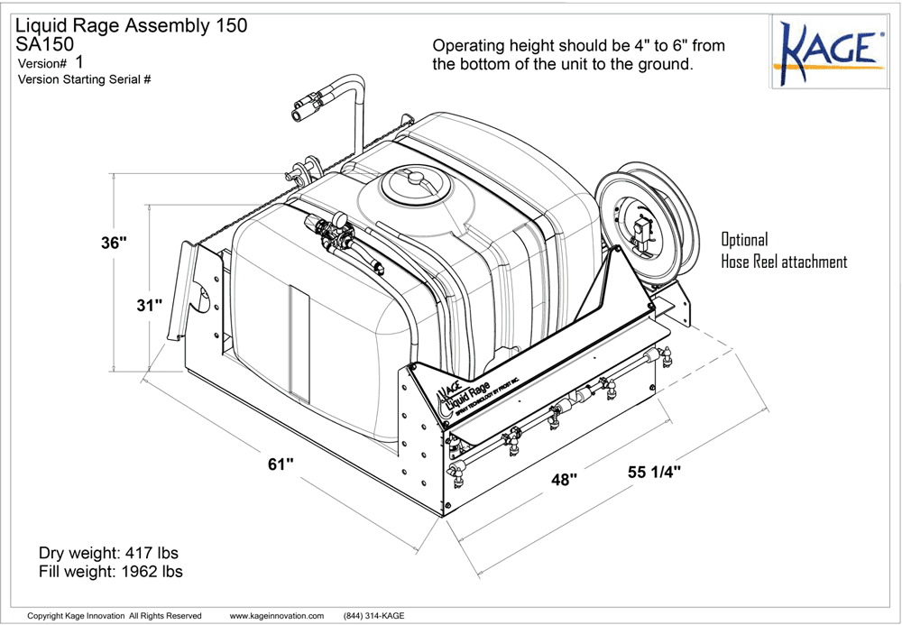 Technical drawing of Kage Liquid Rage Assembly 150 with dimensions, weight specs, and optional hose reel attachment.