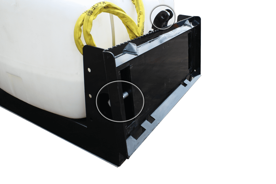 A white industrial tank mounted on a black steel bracket with two circular highlights on the attachment points.