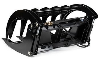 A black hydraulic grapple attachment for a tractor or skid steer, featuring curved metal tines and hydraulic cylinders.