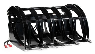 A black hydraulic rock grapple attachment with multiple curved steel tines, designed for heavy-duty construction equipment.
