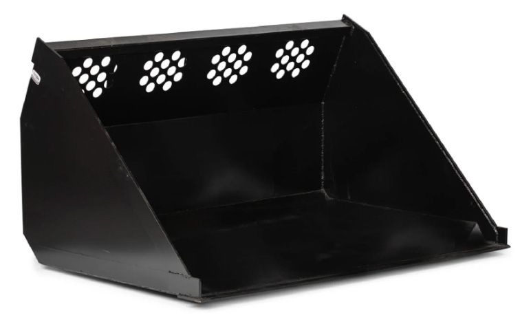 Black metal skid steer utility bucket with a perforated top back panel, angled for loading and material transport.