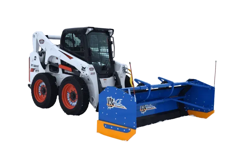A white Bobcat skid-steer loader with orange wheels and a large blue snow pusher attachment against a white background.