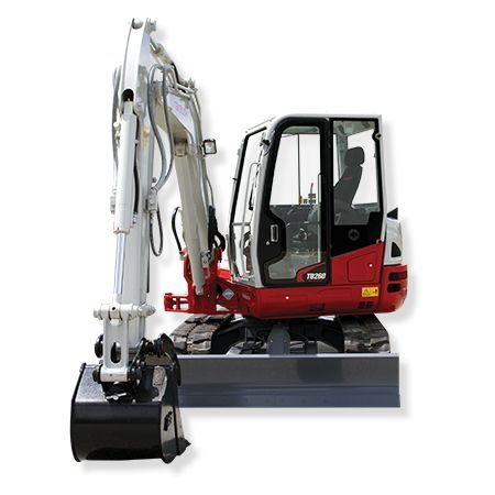 A white and red mini-excavator with a black bucket, shown against a white background.