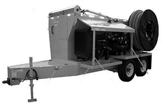 A light-gray trailer-mounted industrial pump system with a large hose reel at the rear and a protective cover over the motor.