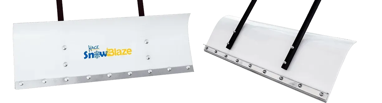 Two white SnowJoe snow pusher shovels shown from the front and back, both with black handles and metal blades.