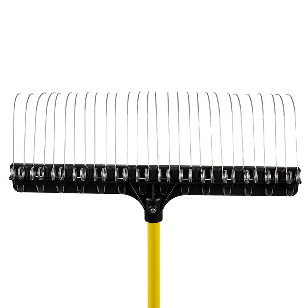 A leaf rake with thin, curved metal tines, a black plastic head, and a yellow handle against a white background.