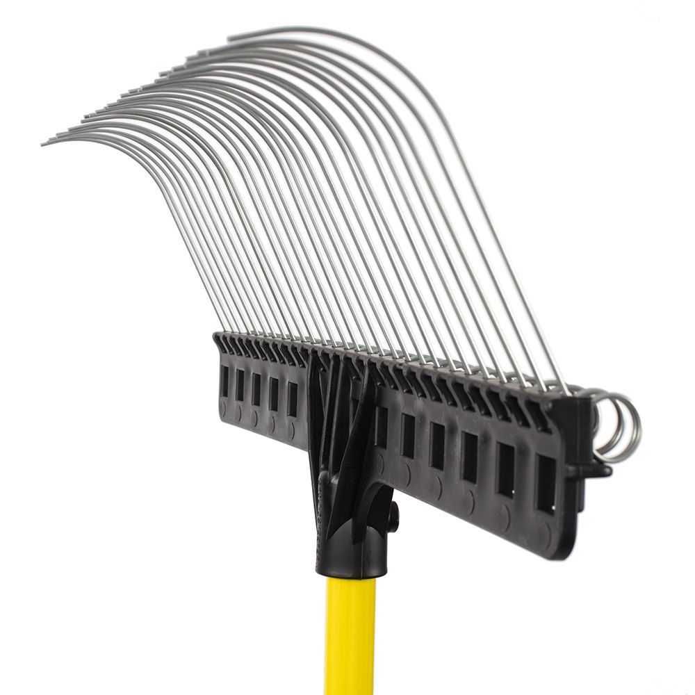 A yellow-handled garden leaf rake with long, curved, thin metal tines attached to a black plastic frame.