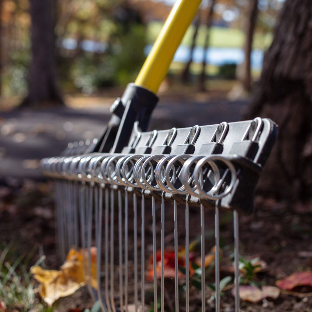 Close-up of a metal garden rake with a yellow handle positioned on the ground among scattered autumn leaves.