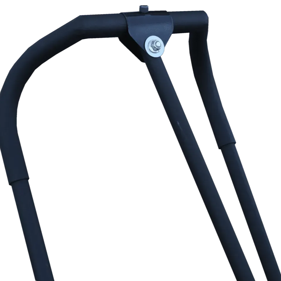 Close-up of a black metal handle frame with a central bolt and bracket mechanism.
