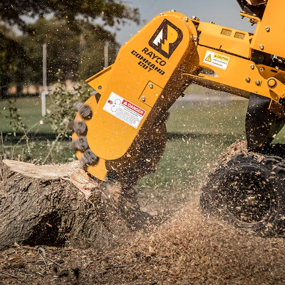 A bright yellow Rayco stump grinder in motion, chewing through a tree stump and throwing wood chips into the air.