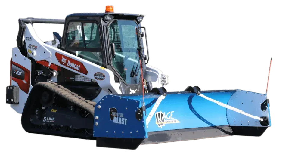 A white Bobcat compact track loader equipped with a large blue snow pusher blade on a white background.