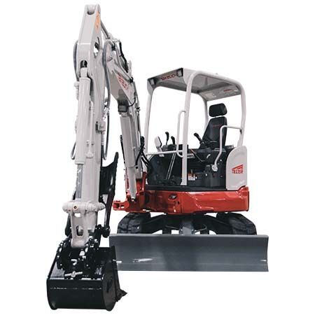 A white and red Takeuchi compact excavator with a front blade and black bucket, isolated on a white background.
