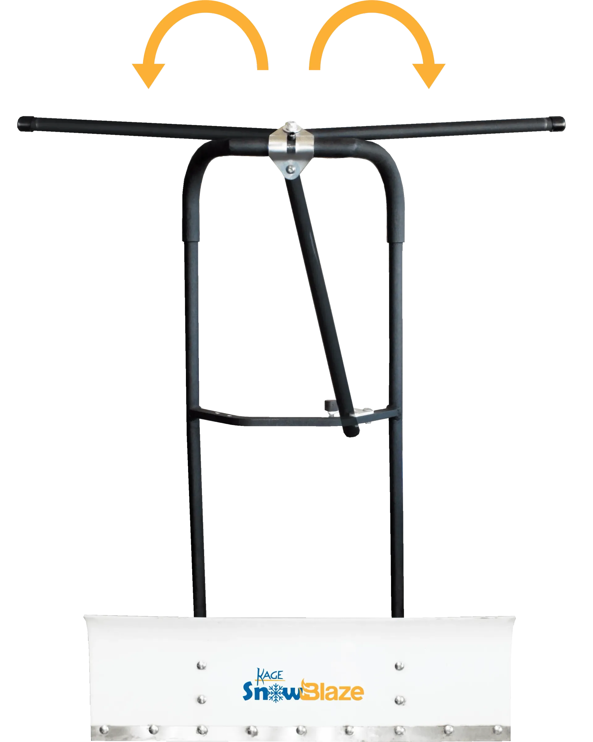 A SnowBlaze snow shovel with a white blade and black frame, featuring a T-shaped handle that rotates as indicated by arrows.