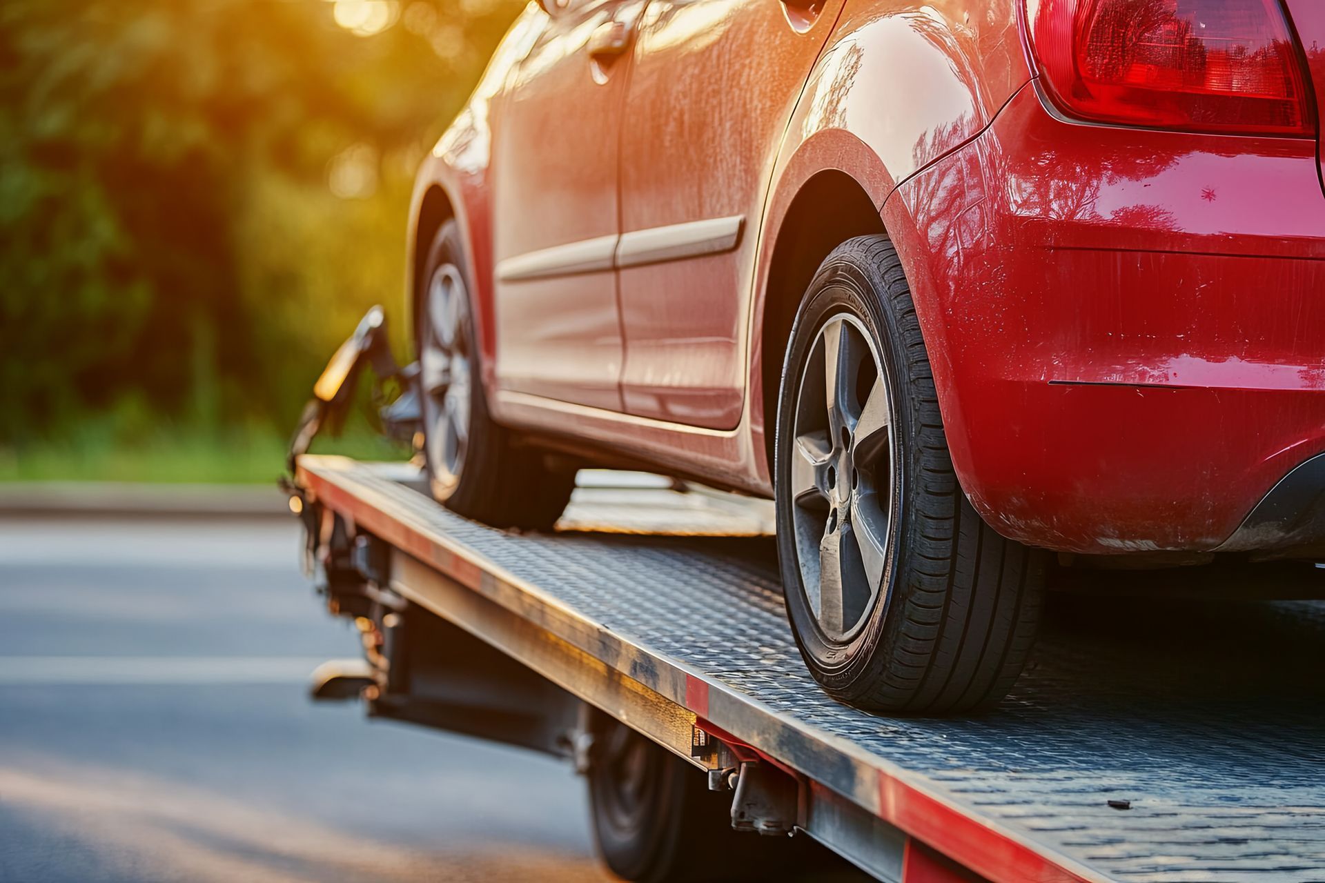 Red car being transported on a flatbed tow truck for towing service Red car being transported on a flatbed tow truck for towing service