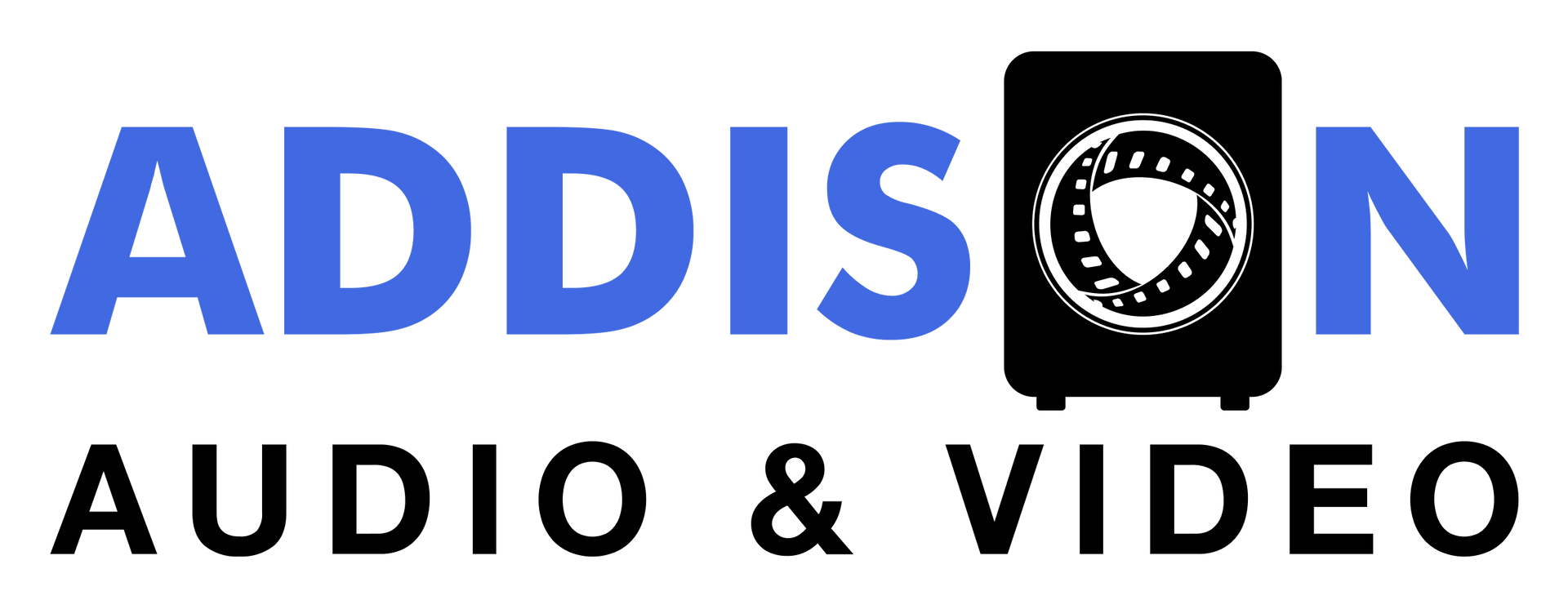 Logo for Addison Audio & Video: Blue text "ADDISON" with speaker icon and black text "AUDIO & VIDEO".