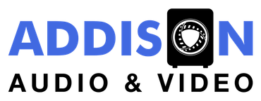 Logo for Addison Audio & Video: Blue text "ADDISON" with speaker icon and black text "AUDIO & VIDEO".