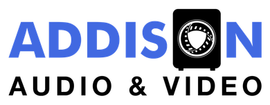 Logo for Addison Audio & Video: Blue text "ADDISON" with speaker icon and black text "AUDIO & VIDEO".