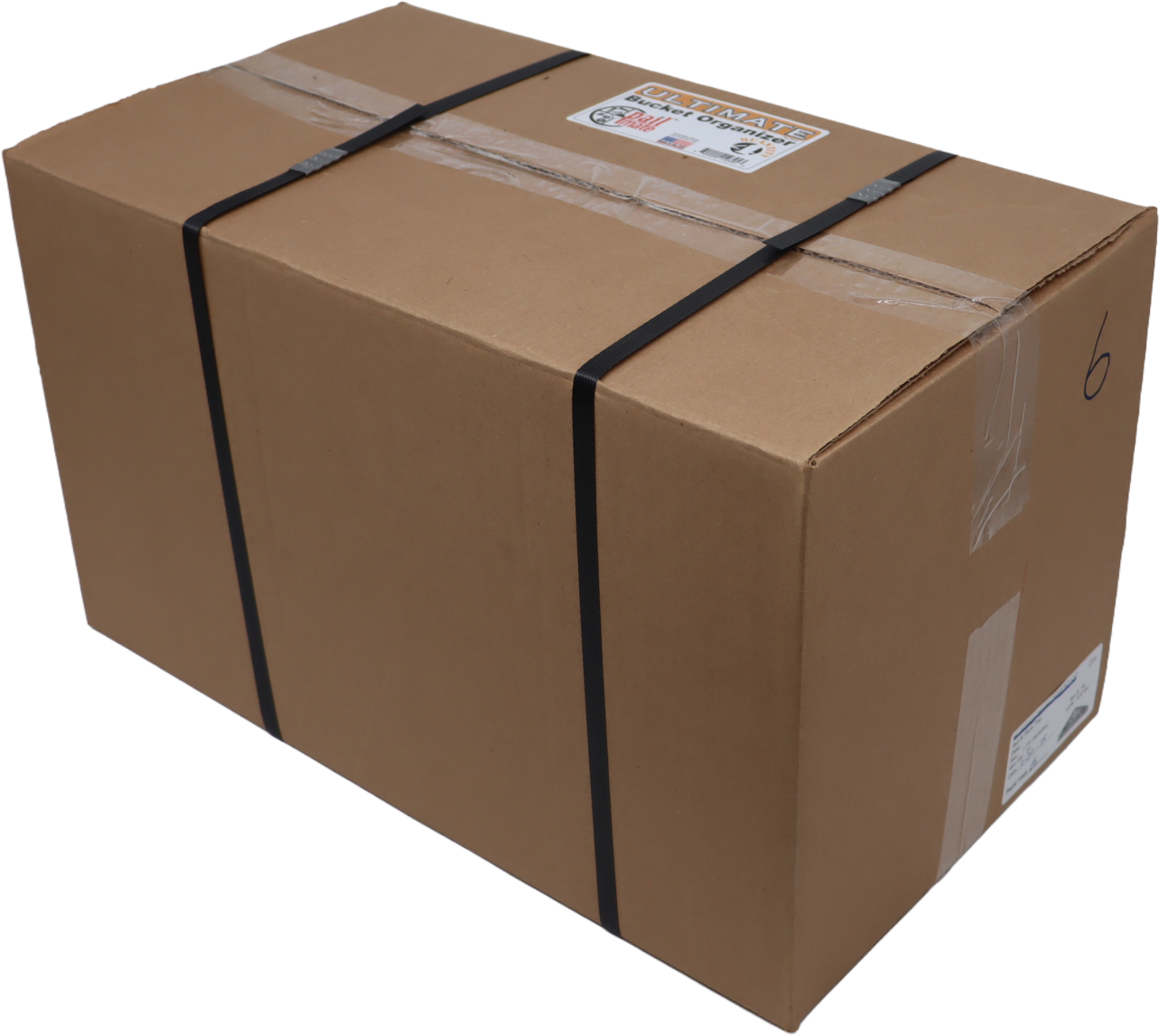 Cardboard box secured with black straps, white labels visible.
