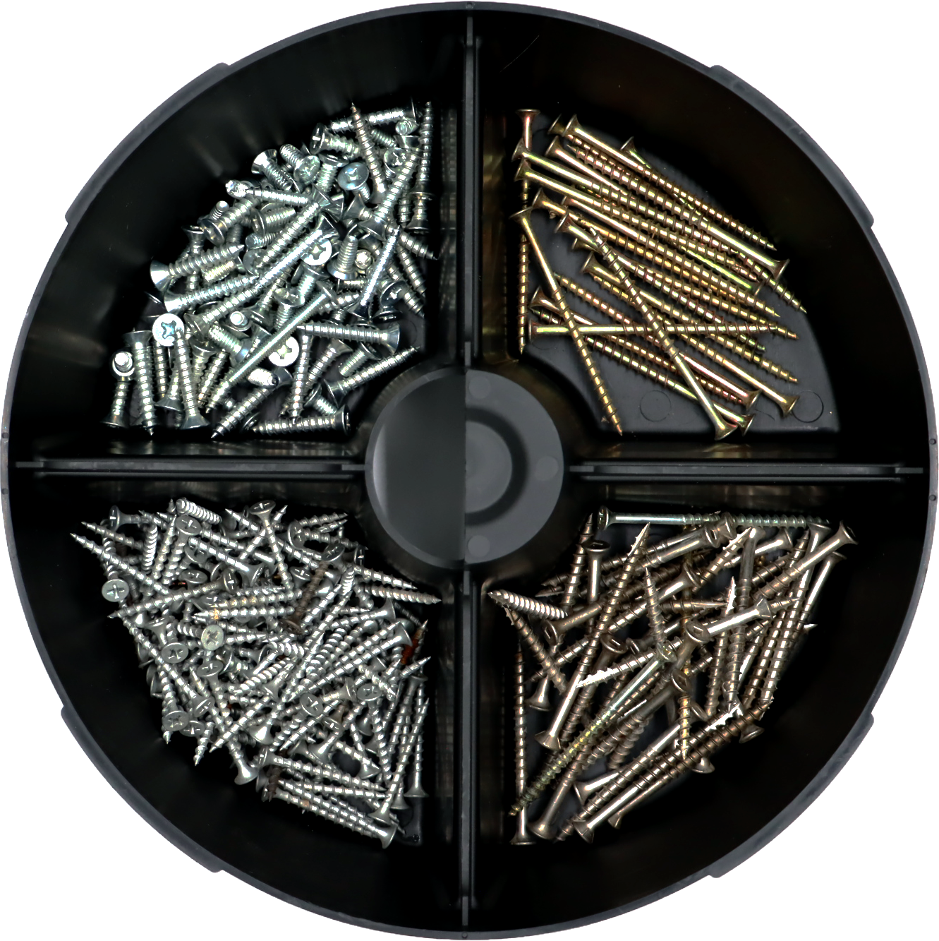 pail mate top view of organized screws for construction