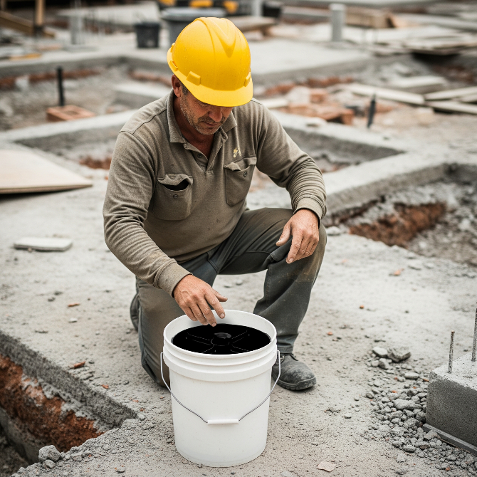 A man wearing a hard hat is kneeling down next to a white bucket