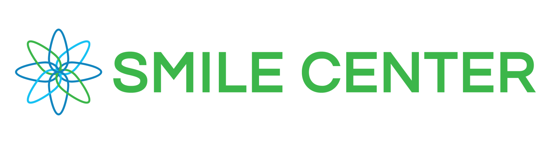 The logo for Smile Center features a blue and green geometric floral icon next to the green text
