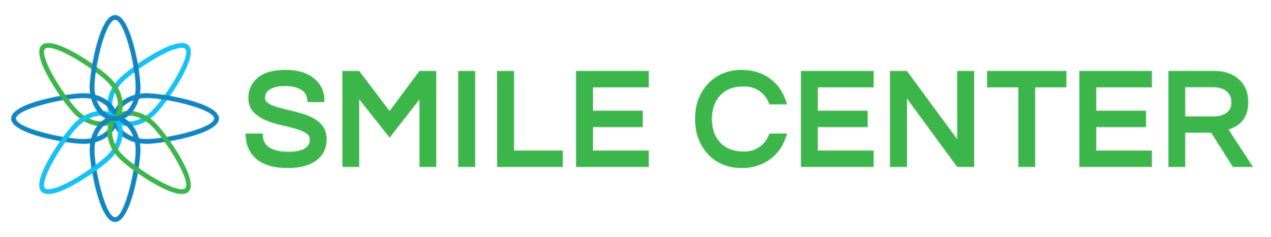 Logo for Smile Center, featuring a blue and green stylized flower icon next to the green text