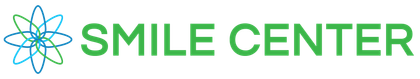 Logo for Smile Center, featuring a blue and green stylized flower icon next to the green text
