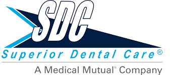 Logo for Superior Dental Care, a Medical Mutual Company, featuring the letters SDC in white on a blue triangular background.