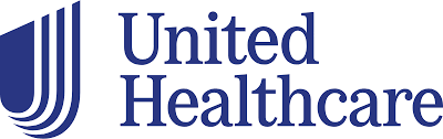Blue logo for UnitedHealthcare featuring a stylized shield icon next to the company name.