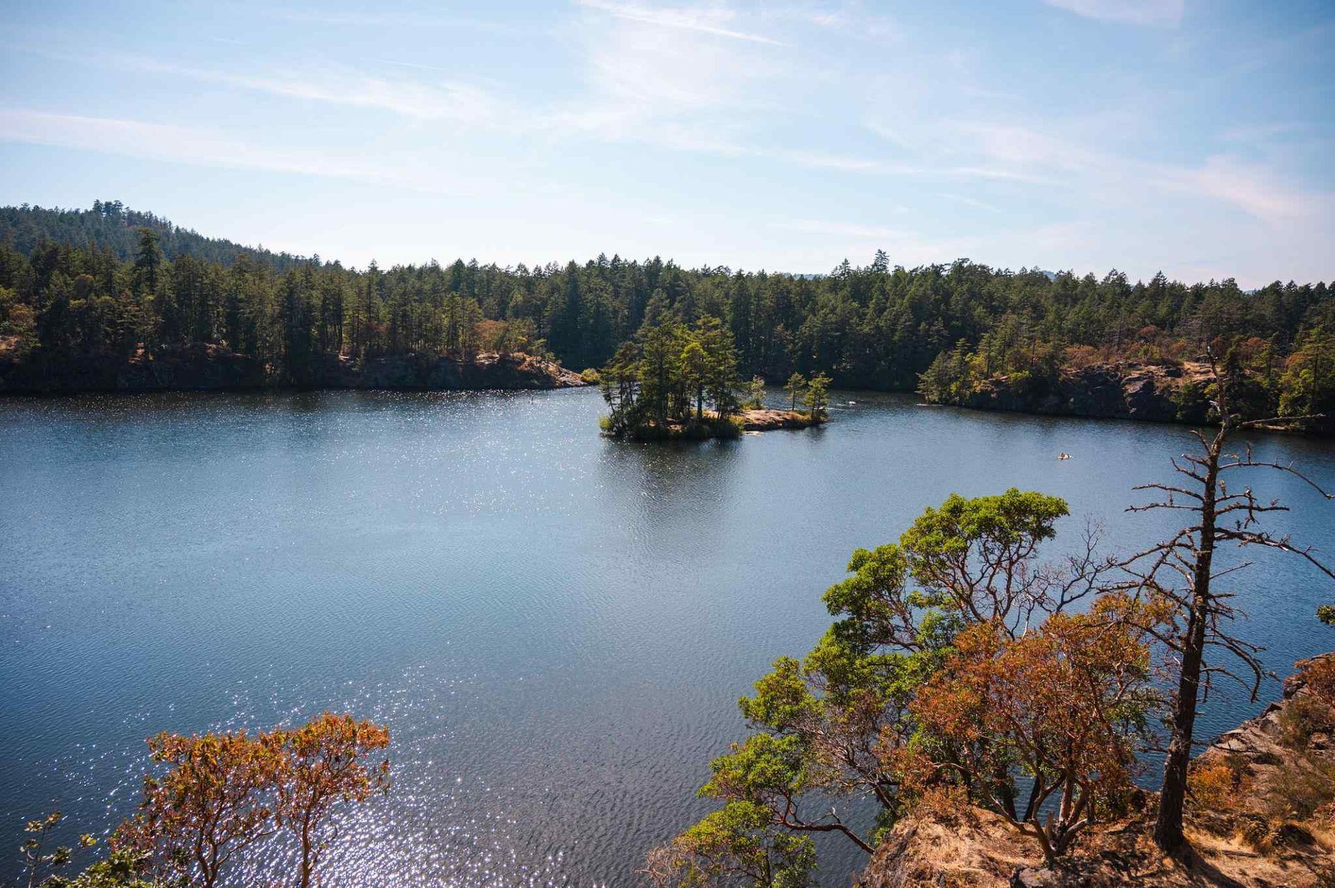 A serene lake bordered by dense forest, with rocky shore and autumn-colored trees in the foreground.