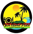 Logo: Round with a yellow sun, palm trees, and island. Logo for Sun Island Plate, a Caribbean restaurant; palm tree, sun, wave, plate, fork, knife.