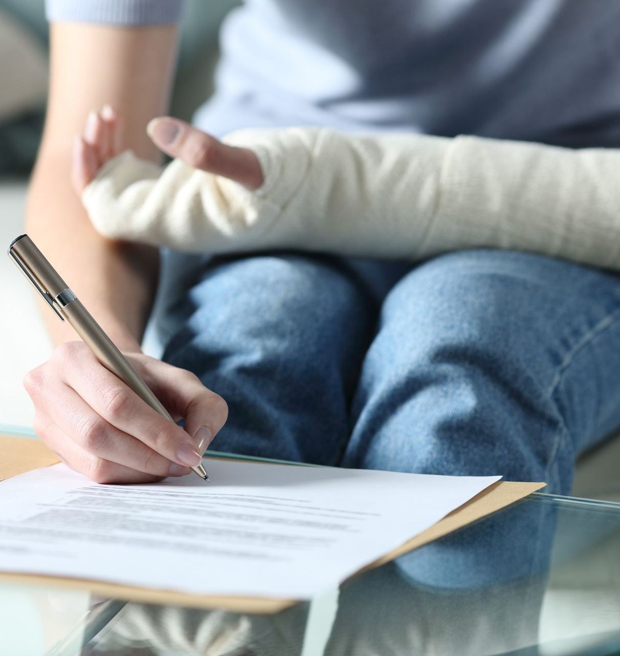 A person with a cast on their arm is writing on a piece of paper.