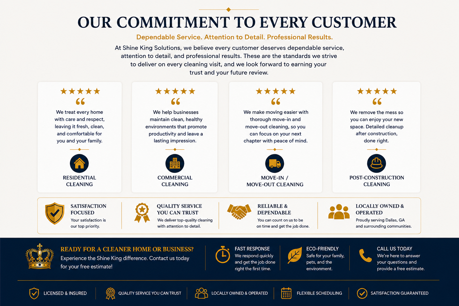 Customer testimonials page with five-star reviews and service guarantees on a white and navy background