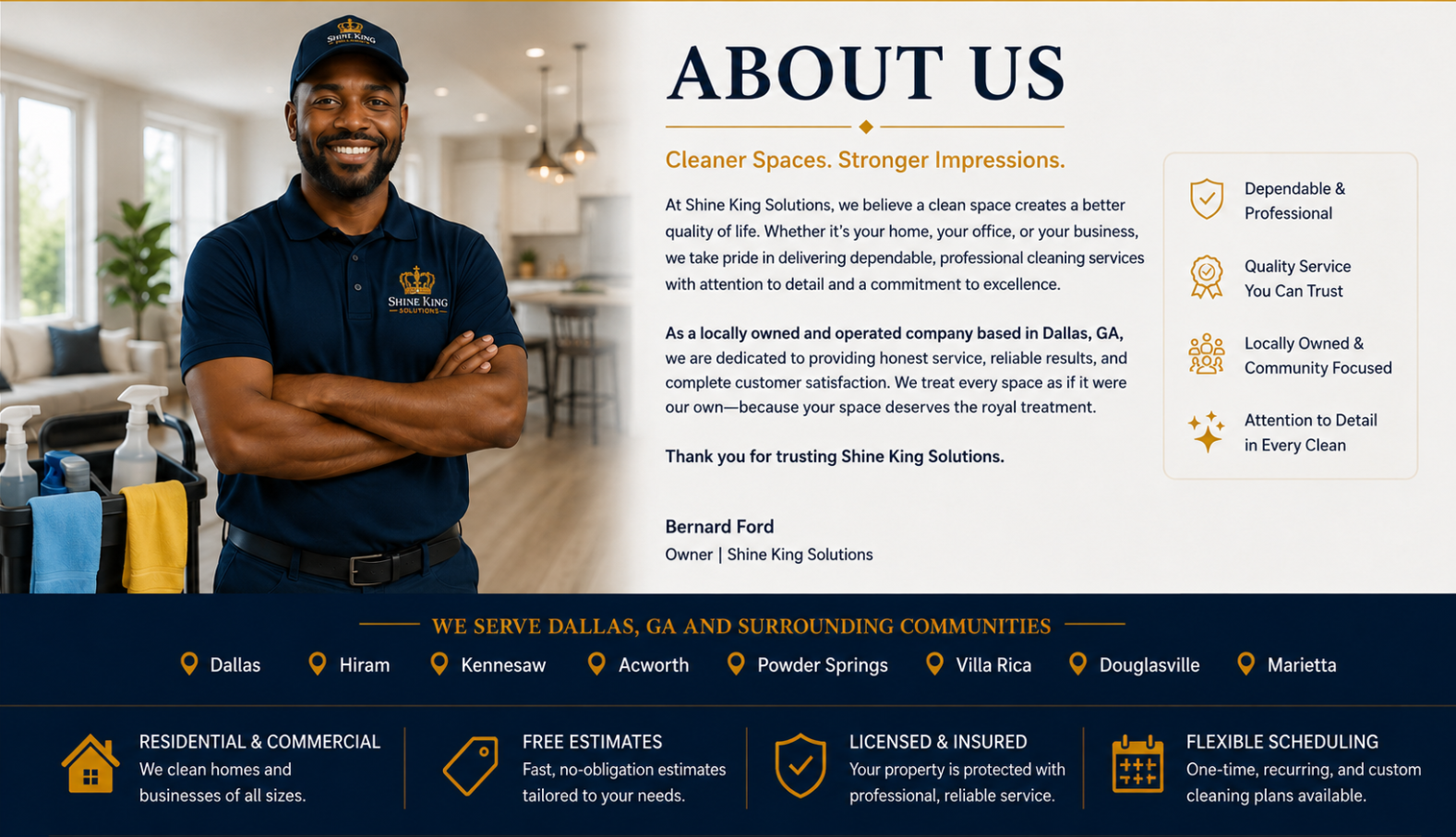 About Shine King Solutions owner providing professional cleaning services in Dallas, GA