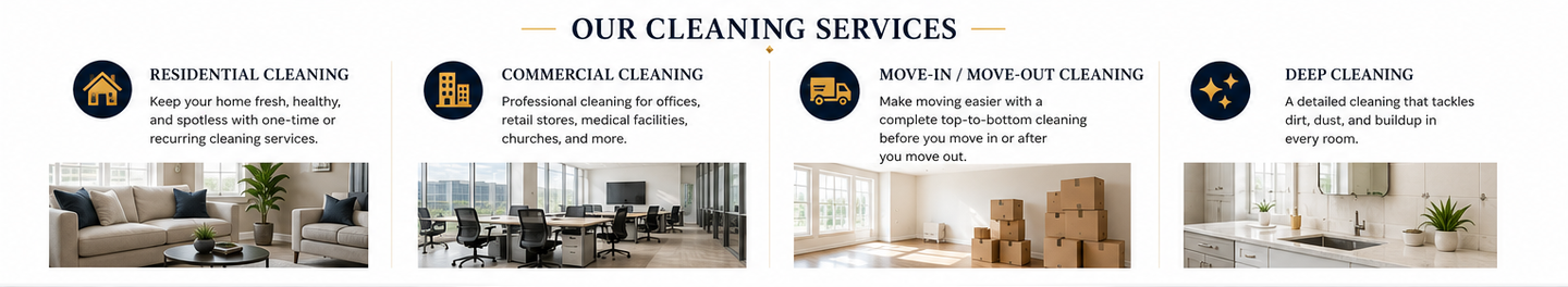 Collage for a cleaning service showing spotless living room, kitchen, and bedroom interiors with logo and contact details