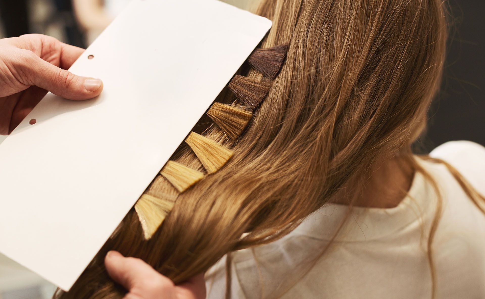 Hairdresser comparing hair color swatches to client's light brown hair in salon.