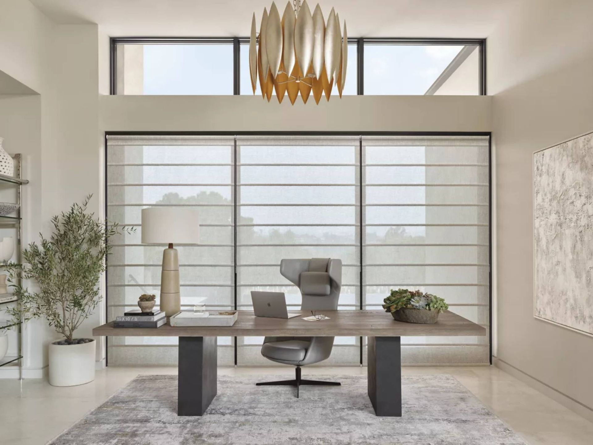 Hunter Douglas Alustra® Architectural Roller Shades on a large window in a home office