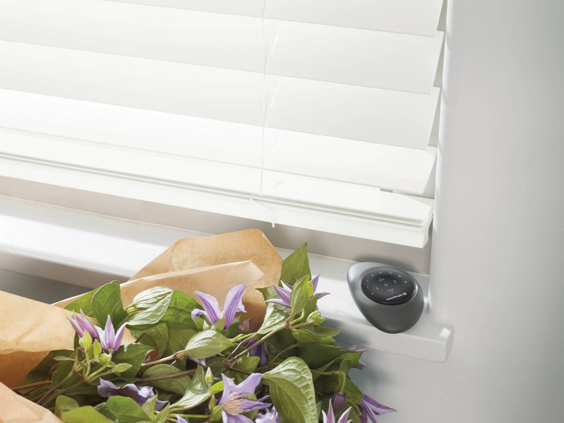 Hunter Douglas Pebble® Remote on the windowsill of a windowpane with motorized window treatments
