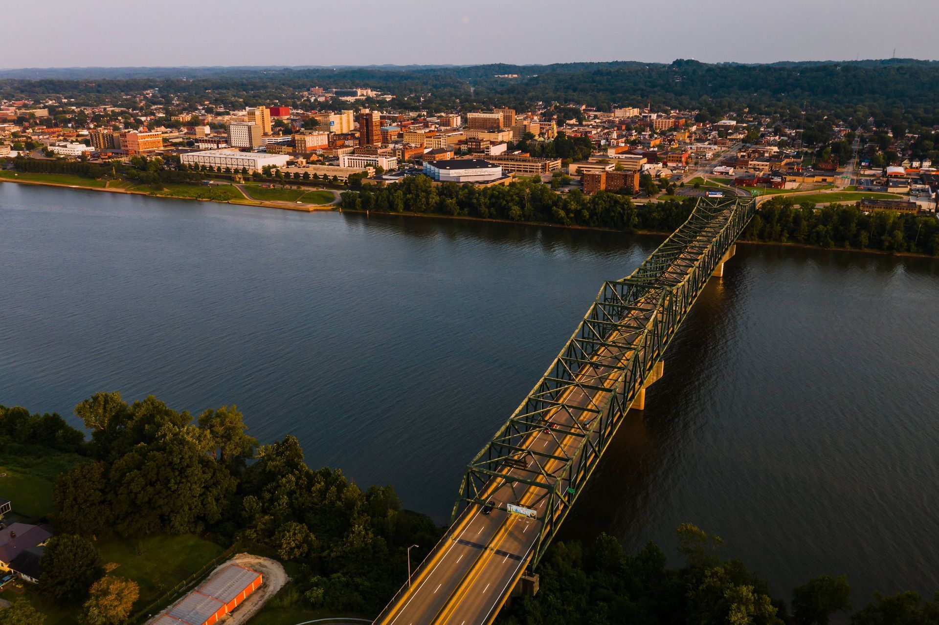 An aerial view of Huntington, West Virginia, and the Ohio River in the late evening
